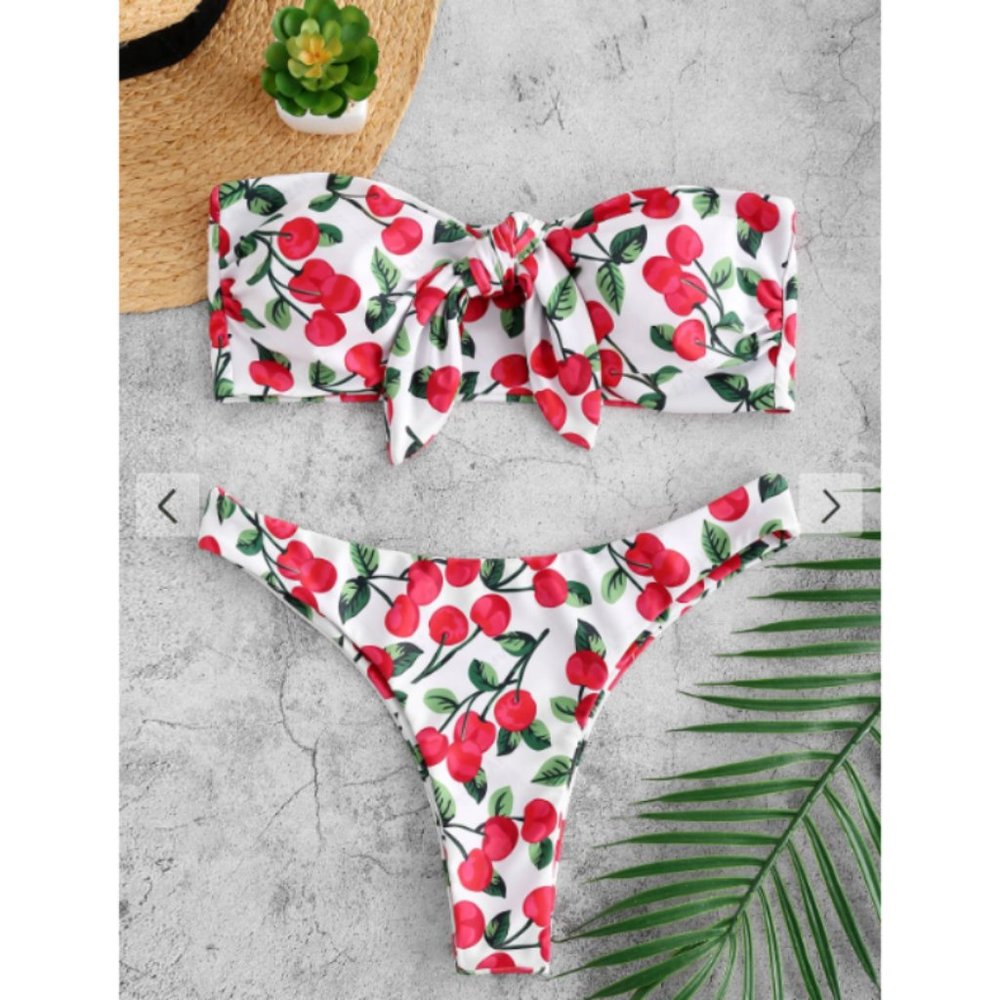Zaful Cherry Print Tie Bandeau Bikini Set Women's Size 4 Red White Strapless